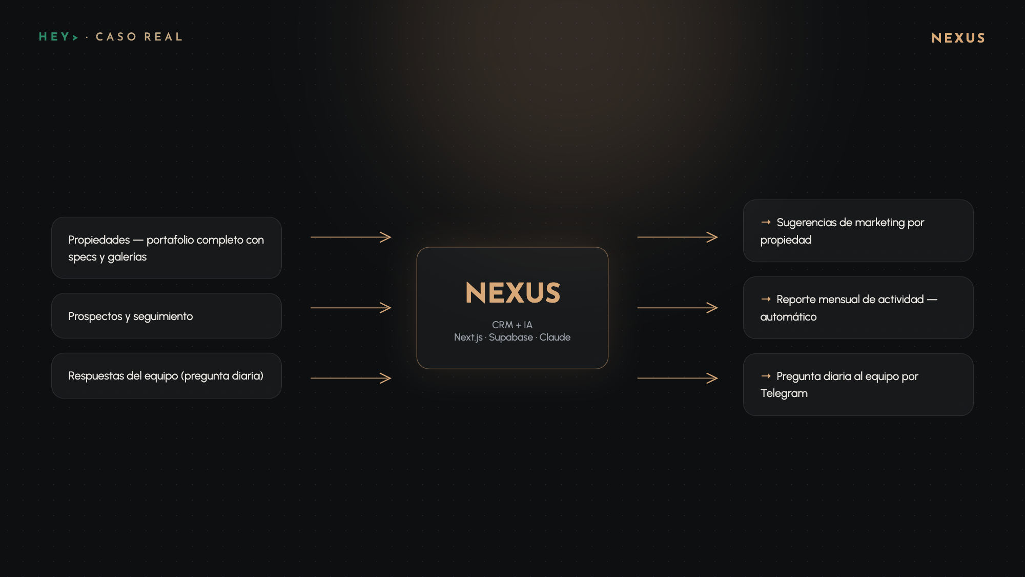 NEXUS system flow: properties, leads and team answers in; suggestions, reports and questions out