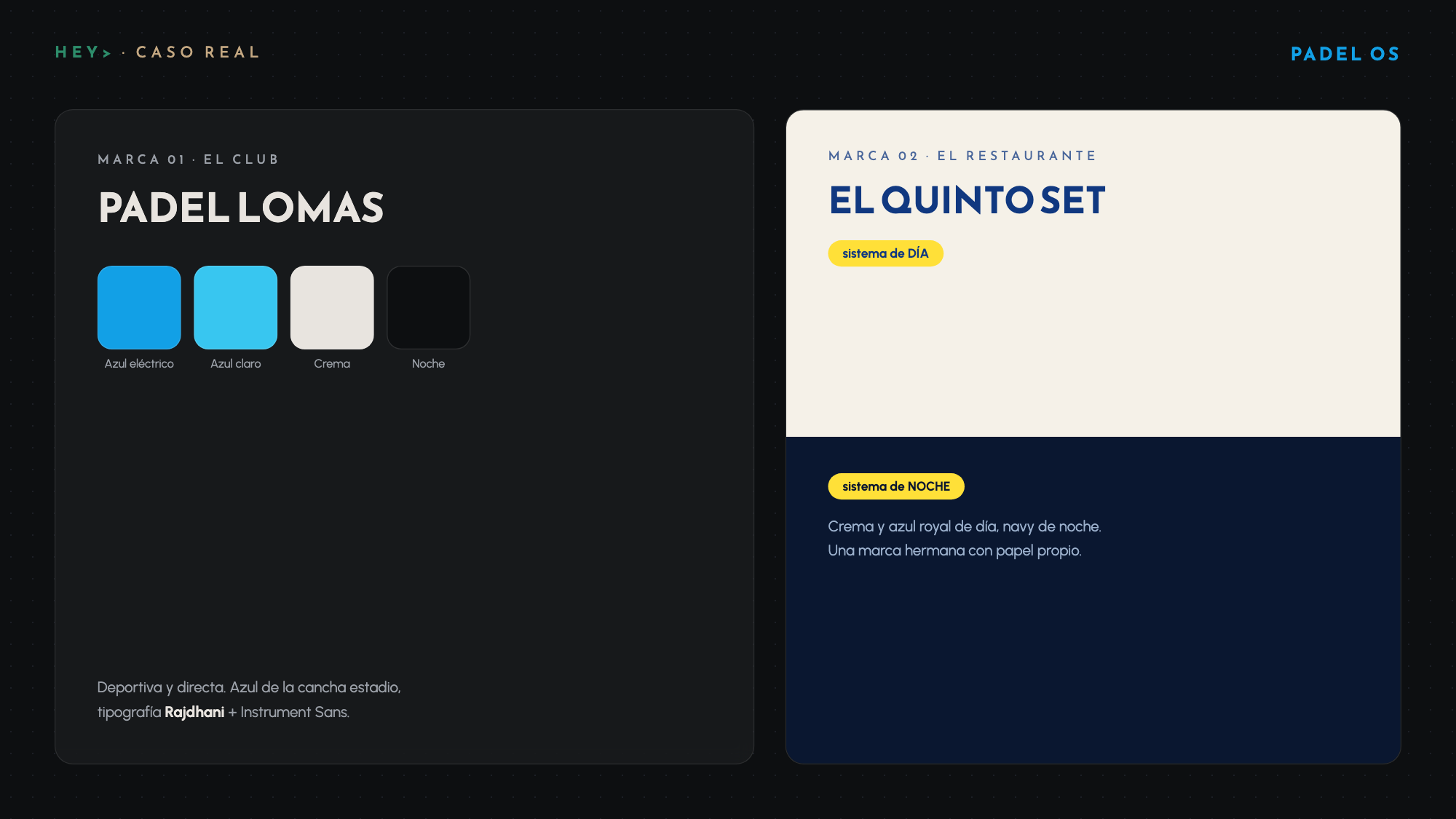 Las dos marcas del proyecto: Padel Lomas (azul eléctrico) y El Quinto Set (sistema dual día/noche)